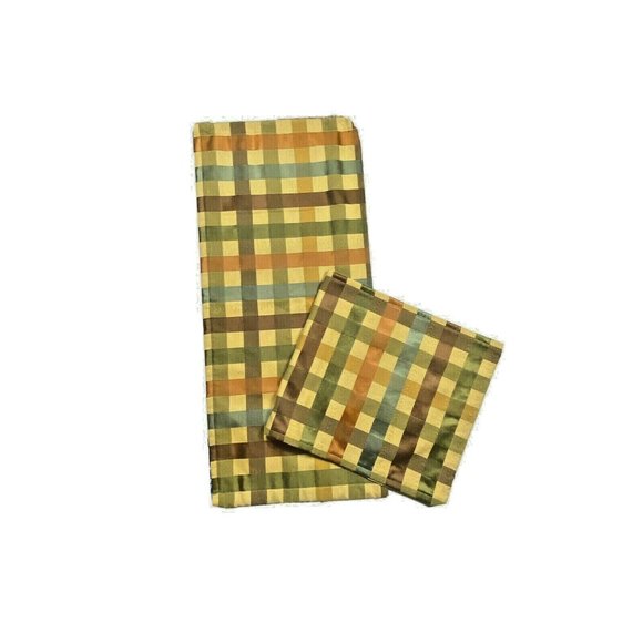 Vintage 90s Custom Made Cafe Tier Curtains Valance Plaid Gold Brown Orange Plaid - Picture 3 of 6